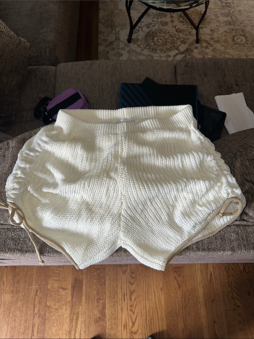 Cream Knit Athletic Shorts with Contrast Trim and Drawcord